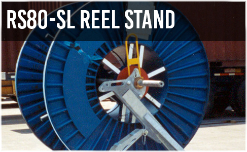 Blue industrial cable reel mounted on a metal stand with a 'RS80-SL REEL STAND' label overlay