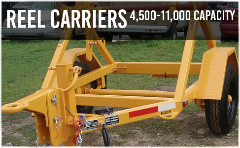 Yellow reel carrier trailer on grass, used to transport heavy reels (capacity 4,500–11,000).